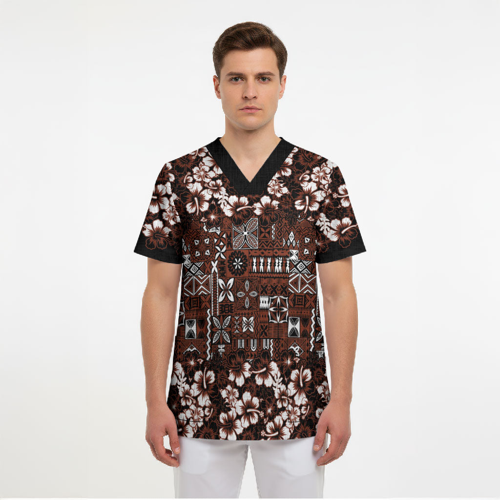 Burgundy Hawaiian Tapa Tribal Hibiscus Scrub Top LT9 - Polynesian Pride