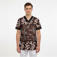 Burgundy Hawaiian Tapa Tribal Hibiscus Scrub Top LT9 - Polynesian Pride