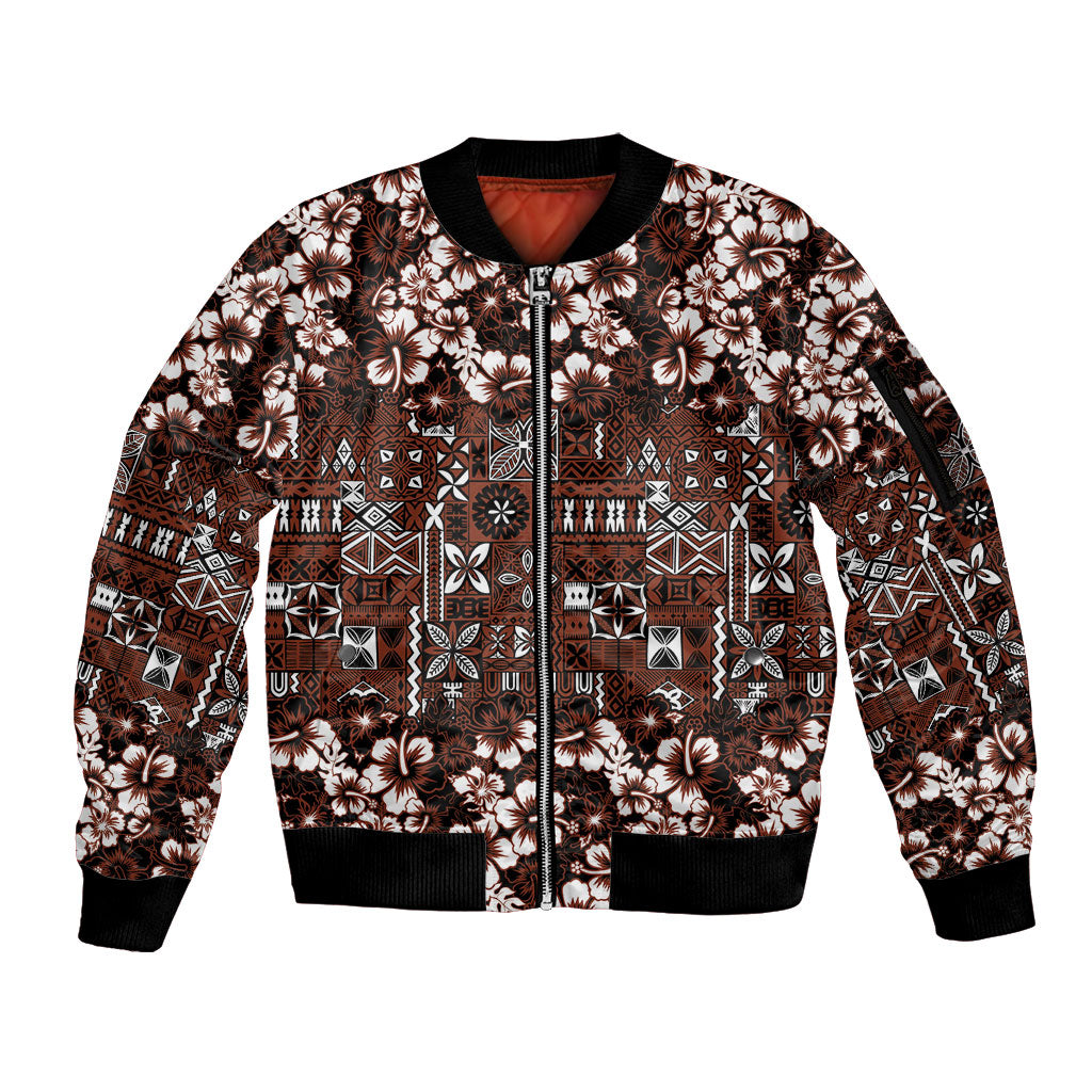 Burgundy Hawaiian Tapa Tribal Hibiscus Sleeve Zip Bomber Jacket LT9 Unisex Burgundy - Polynesian Pride