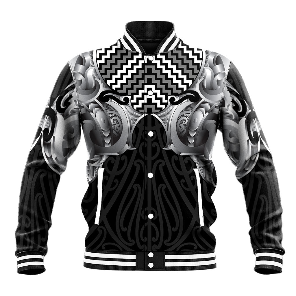 Aotearoa Kowhaiwhai Poutama Black Motif Baseball Jacket LT9 Unisex Black - Polynesian Pride