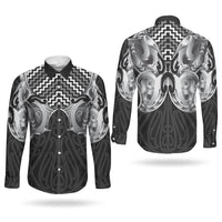 Aotearoa Kowhaiwhai Poutama Black Motif Couples Matching Puletasi and Long Sleeve Button Shirt LT9 - Polynesian Pride