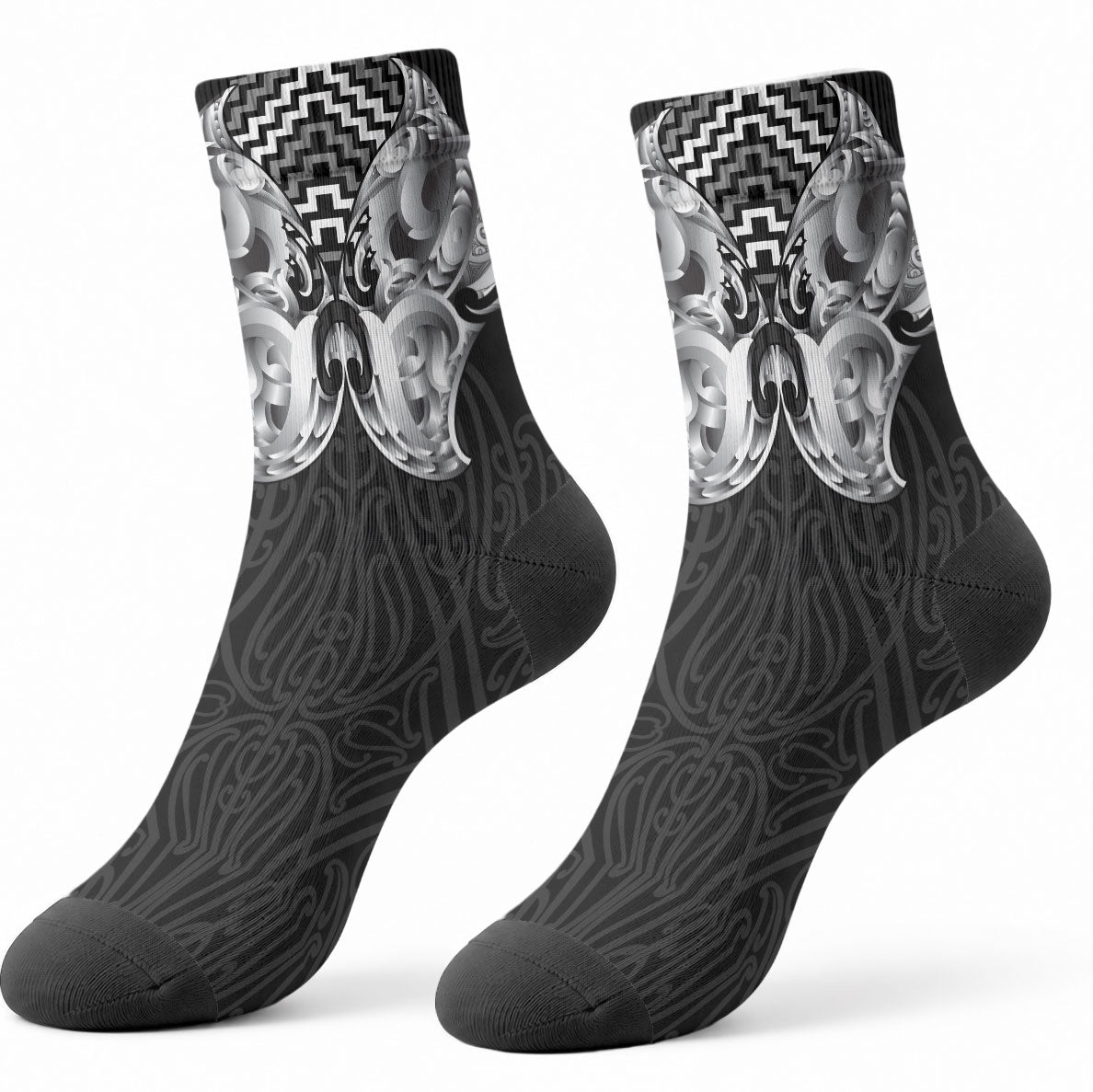 Aotearoa Kowhaiwhai Poutama Black Motif Crew Socks LT9 - Polynesian Pride