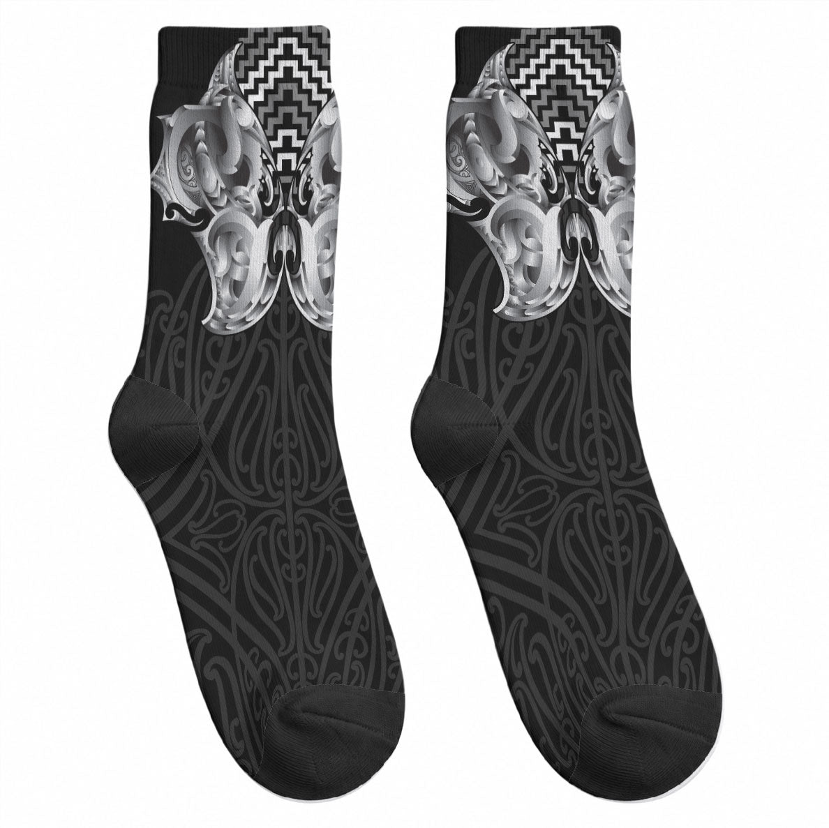 Aotearoa Kowhaiwhai Poutama Black Motif Crew Socks LT9 - Polynesian Pride