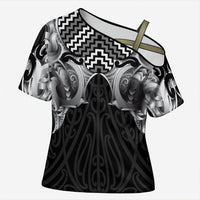 Aotearoa Kowhaiwhai Poutama Black Motif Cross Shoulder Shirt LT9 Female Black - Polynesian Pride