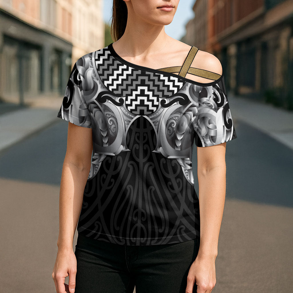 Aotearoa Kowhaiwhai Poutama Black Motif Cross Shoulder Shirt LT9 - Polynesian Pride