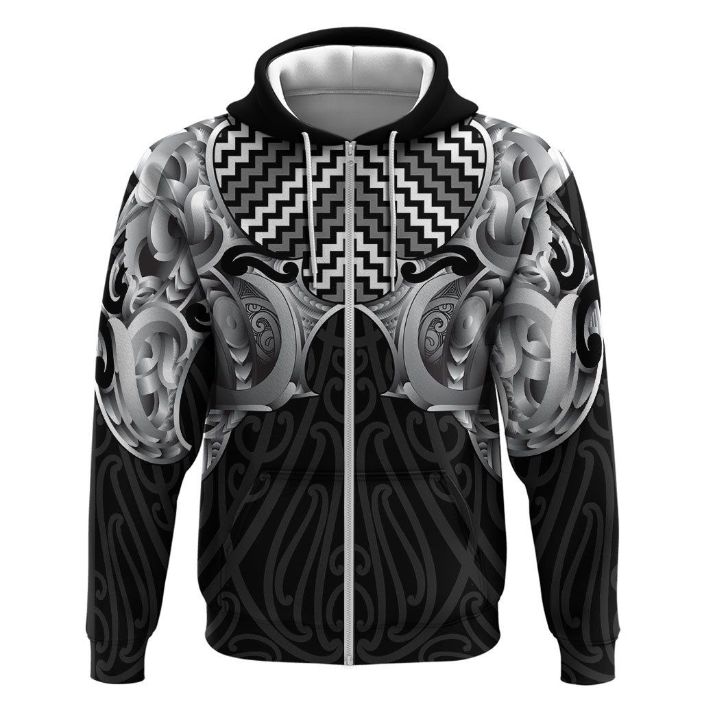 Aotearoa Kowhaiwhai Poutama Black Motif Hoodie LT9 Zip Hoodie Black - Polynesian Pride
