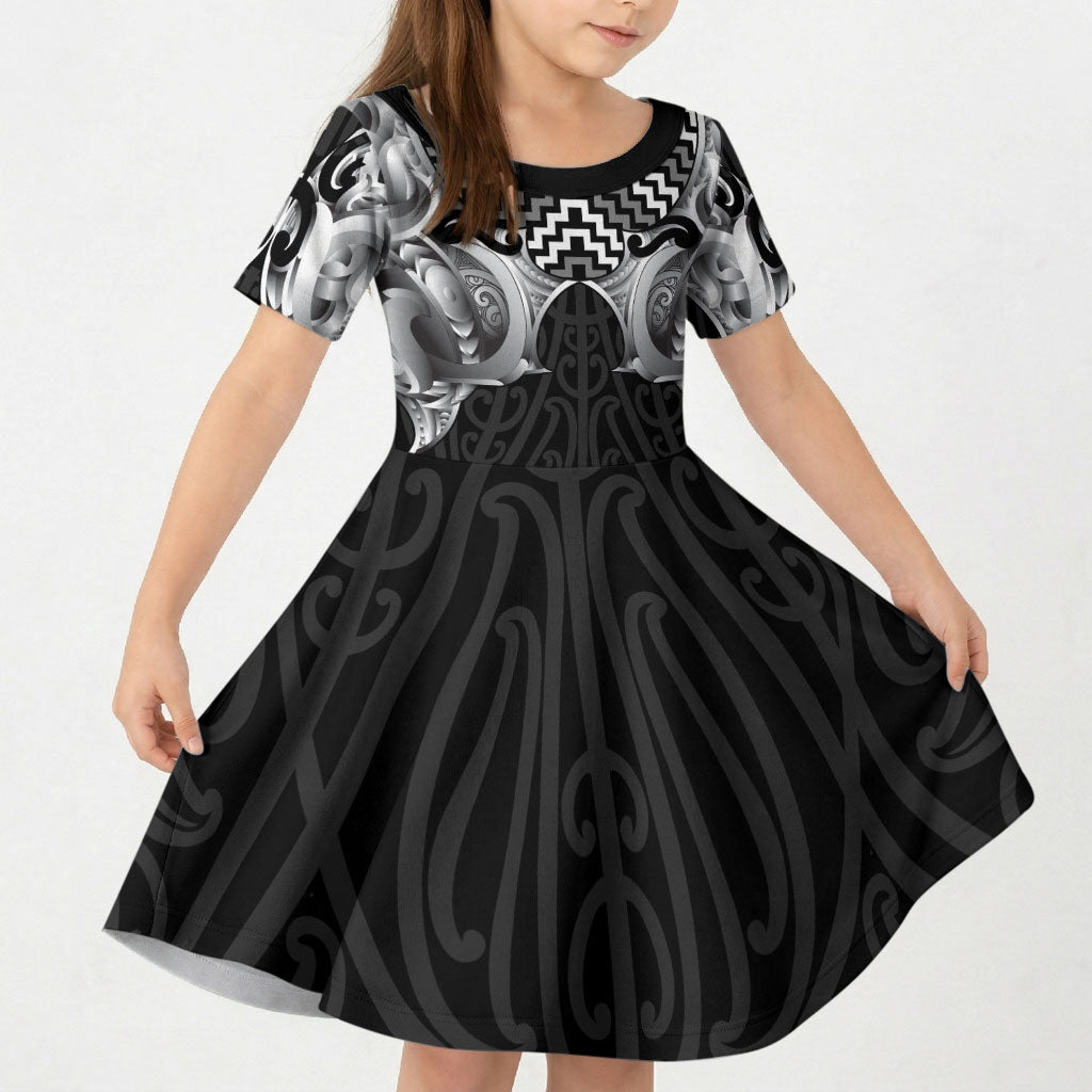 Aotearoa Kowhaiwhai Poutama Black Motif Kid Short Sleeve Dress LT9 KID Black - Polynesian Pride