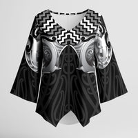 Aotearoa Kowhaiwhai Poutama Black Motif Kimono Sleeve Blouse LT9 Female Black - Polynesian Pride