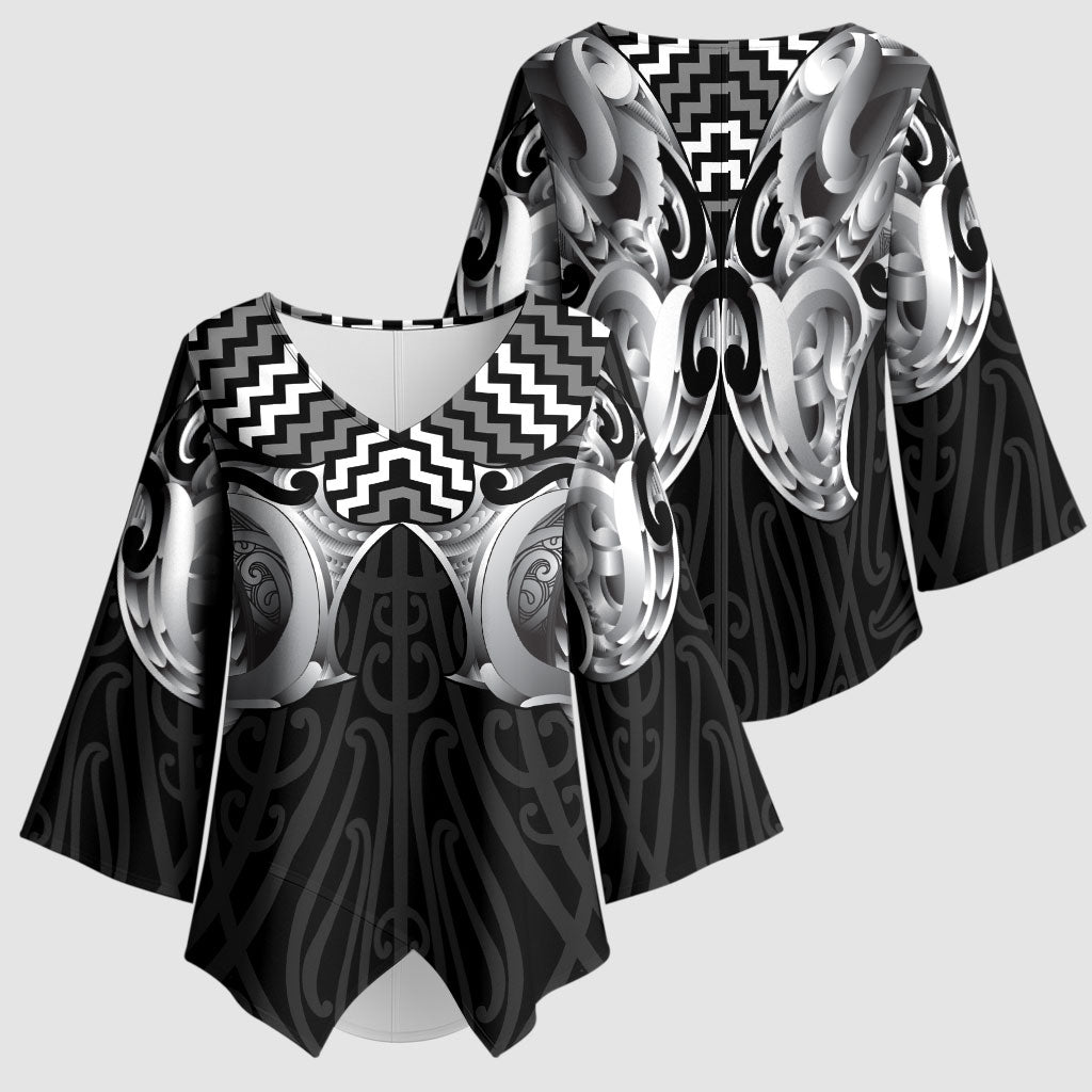 Aotearoa Kowhaiwhai Poutama Black Motif Kimono Sleeve Blouse LT9 - Polynesian Pride