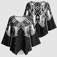 Aotearoa Kowhaiwhai Poutama Black Motif Kimono Sleeve Blouse LT9 - Polynesian Pride