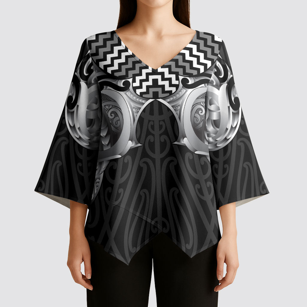 Aotearoa Kowhaiwhai Poutama Black Motif Kimono Sleeve Blouse LT9 - Polynesian Pride