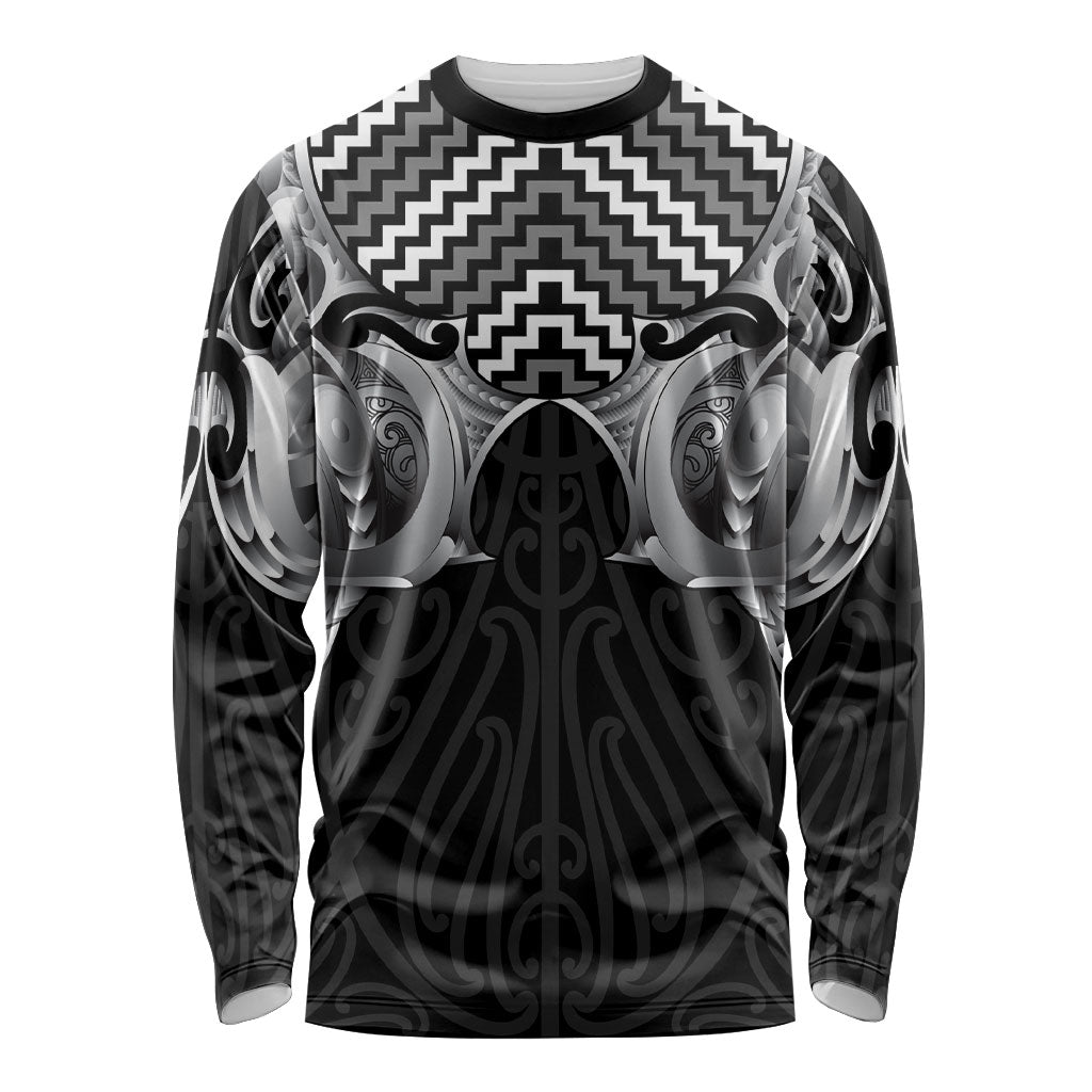 Aotearoa Kowhaiwhai Poutama Black Motif Long Sleeve Shirt LT9 Unisex Black - Polynesian Pride