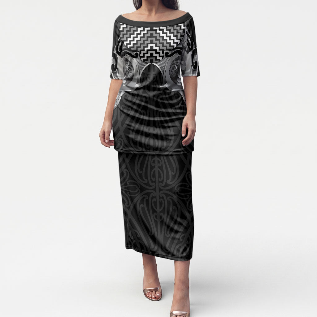 Aotearoa Kowhaiwhai Poutama Black Motif Puletasi LT9 Long Dress Black - Polynesian Pride