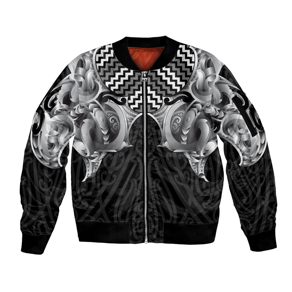 Aotearoa Kowhaiwhai Poutama Black Motif Sleeve Zip Bomber Jacket LT9 Unisex Black - Polynesian Pride