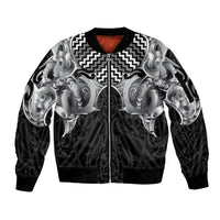 Aotearoa Kowhaiwhai Poutama Black Motif Sleeve Zip Bomber Jacket LT9 Unisex Black - Polynesian Pride