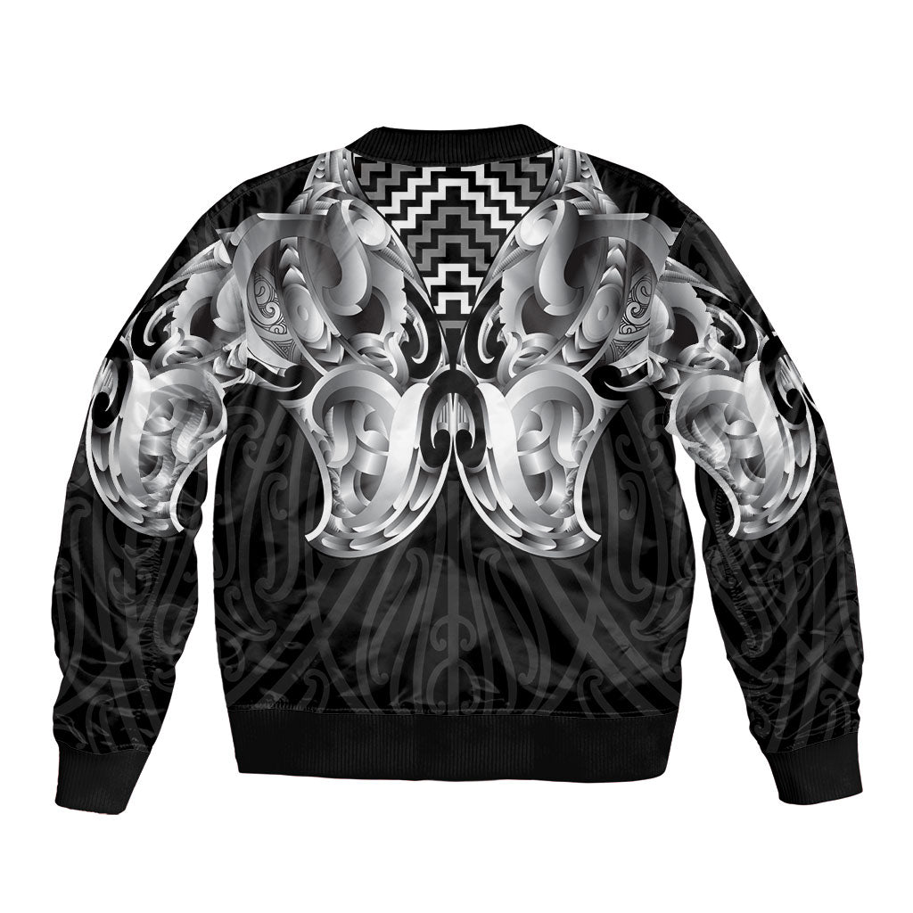 Aotearoa Kowhaiwhai Poutama Black Motif Sleeve Zip Bomber Jacket LT9 - Polynesian Pride