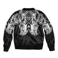 Aotearoa Kowhaiwhai Poutama Black Motif Sleeve Zip Bomber Jacket LT9 - Polynesian Pride