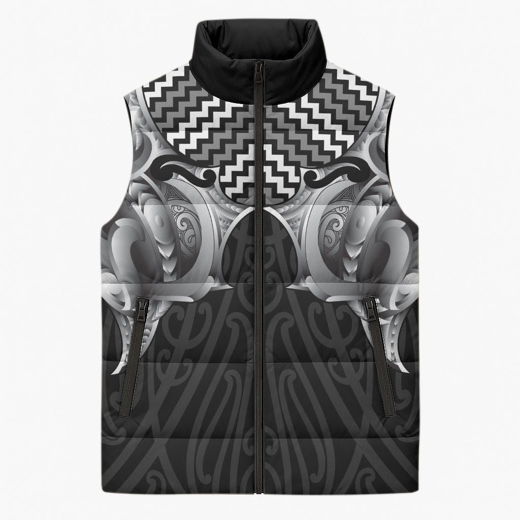 Aotearoa Kowhaiwhai Poutama Black Motif Sleeveless Puffer Jacket LT9 Unisex Black - Polynesian Pride