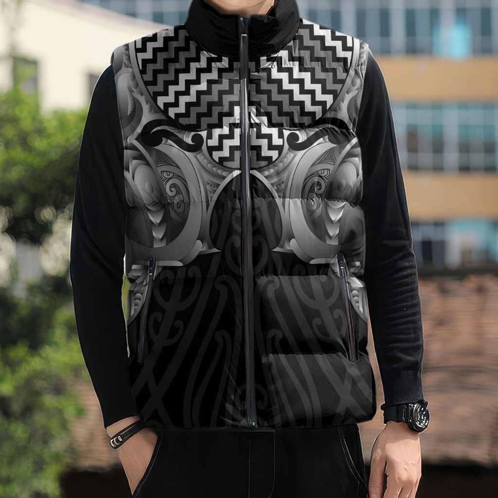 Aotearoa Kowhaiwhai Poutama Black Motif Sleeveless Puffer Jacket LT9 - Polynesian Pride