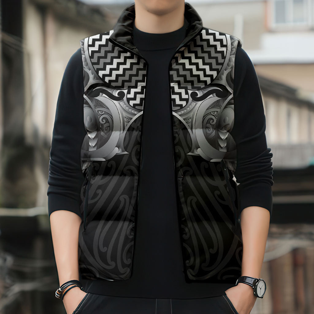 Aotearoa Kowhaiwhai Poutama Black Motif Sleeveless Puffer Jacket LT9 - Polynesian Pride