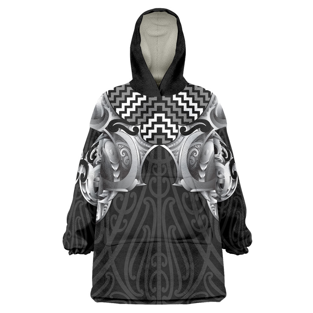 Aotearoa Kowhaiwhai Poutama Black Motif Wearable Blanket Hoodie