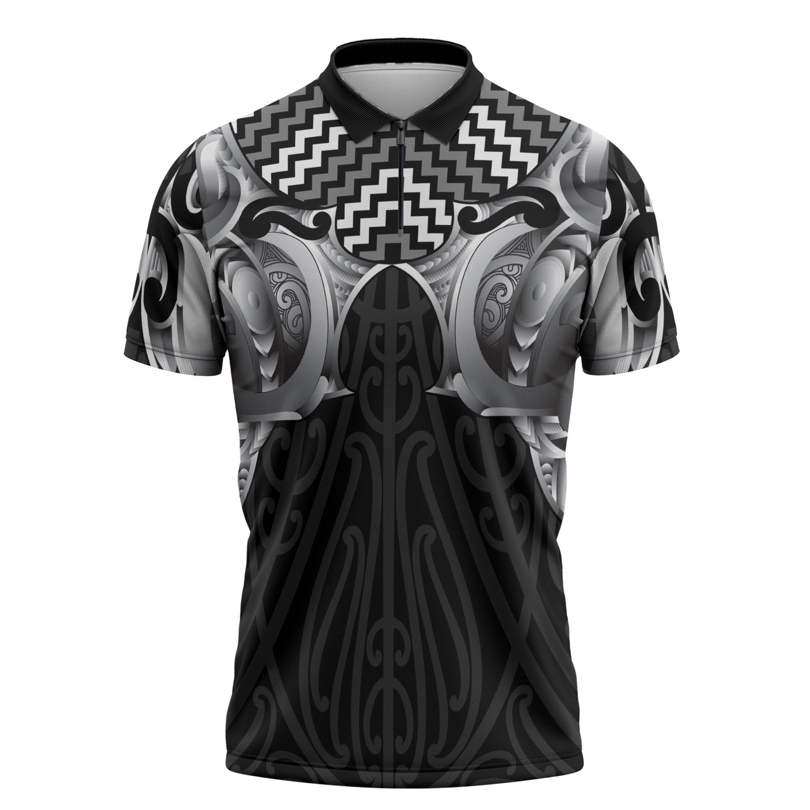 Aotearoa Kowhaiwhai Poutama Black Motif Zipper Polo Shirt