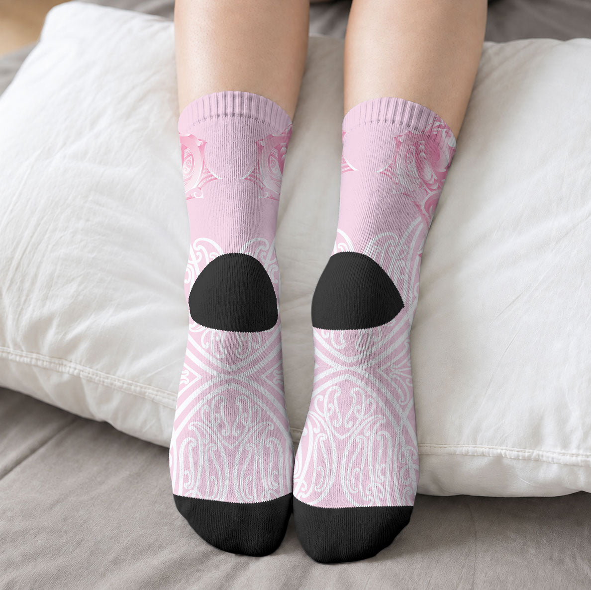 Aotearoa Kowhaiwhai Poutama Pink Motif Crew Socks LT9 - Polynesian Pride