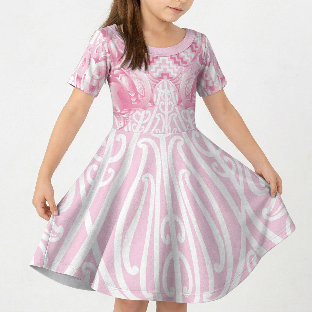 Aotearoa Kowhaiwhai Poutama Pink Motif Kid Short Sleeve Dress LT9 KID Pink - Polynesian Pride