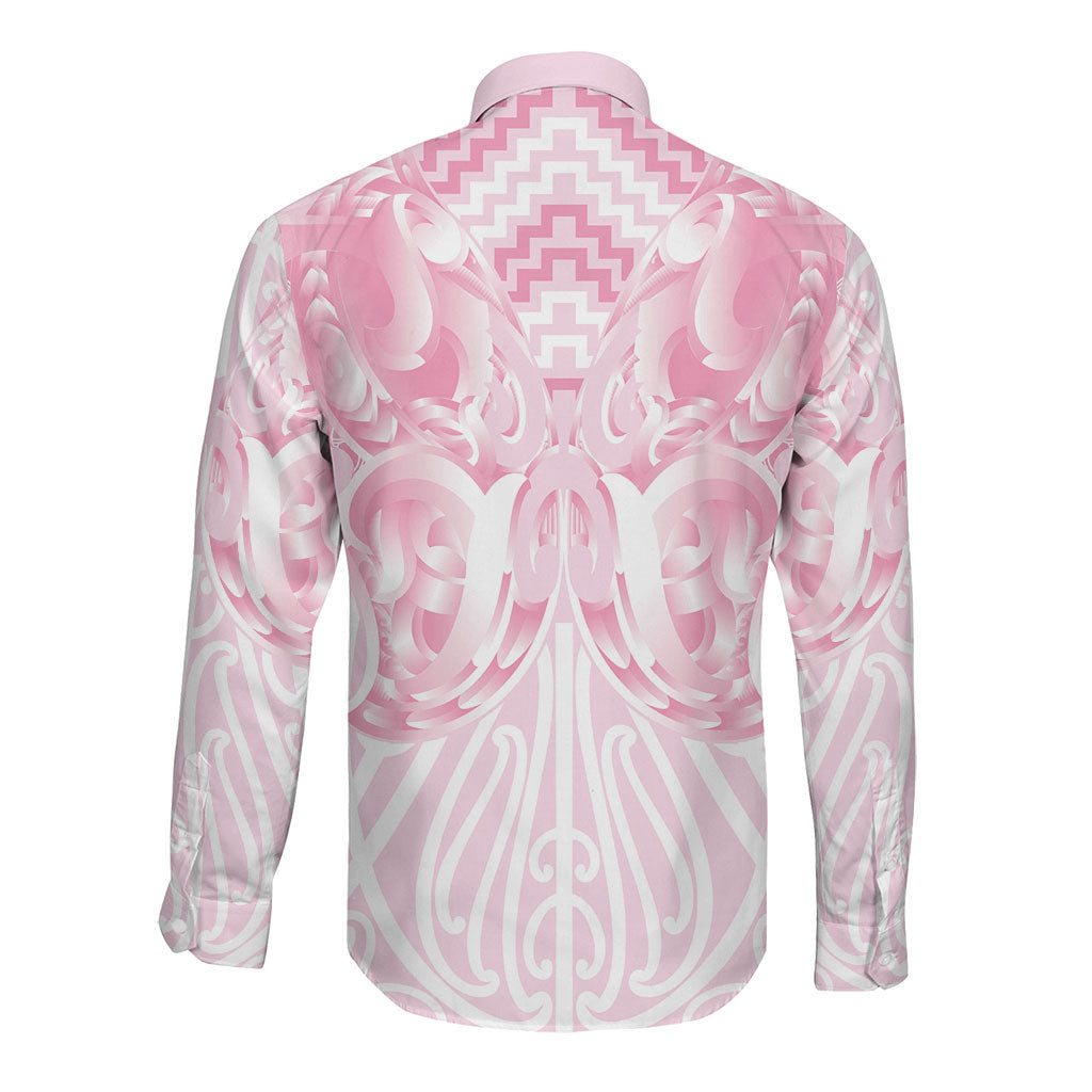 Aotearoa Kowhaiwhai Poutama Pink Motif Long Sleeve Button Shirt LT9 - Polynesian Pride