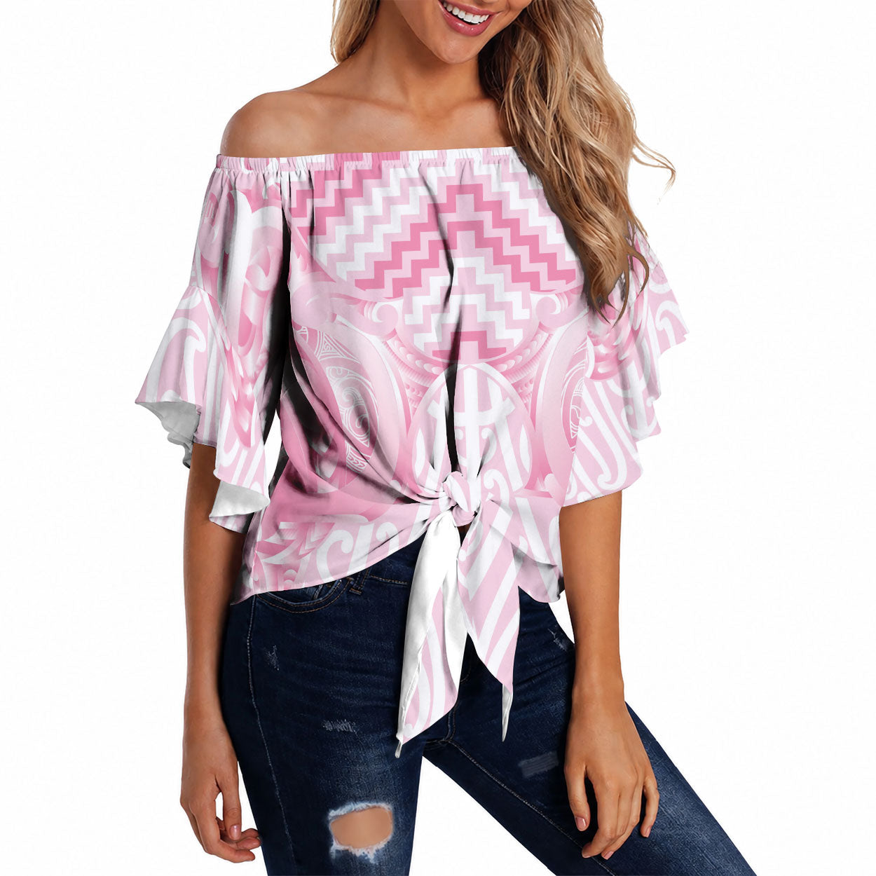 Aotearoa Kowhaiwhai Poutama Pink Motif Off Shoulder Wrap Waist Top