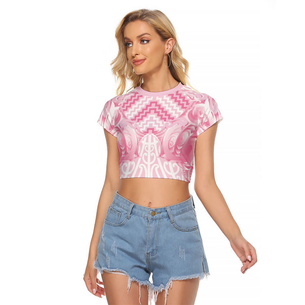 Aotearoa Kowhaiwhai Poutama Pink Motif Raglan Cropped T Shirt