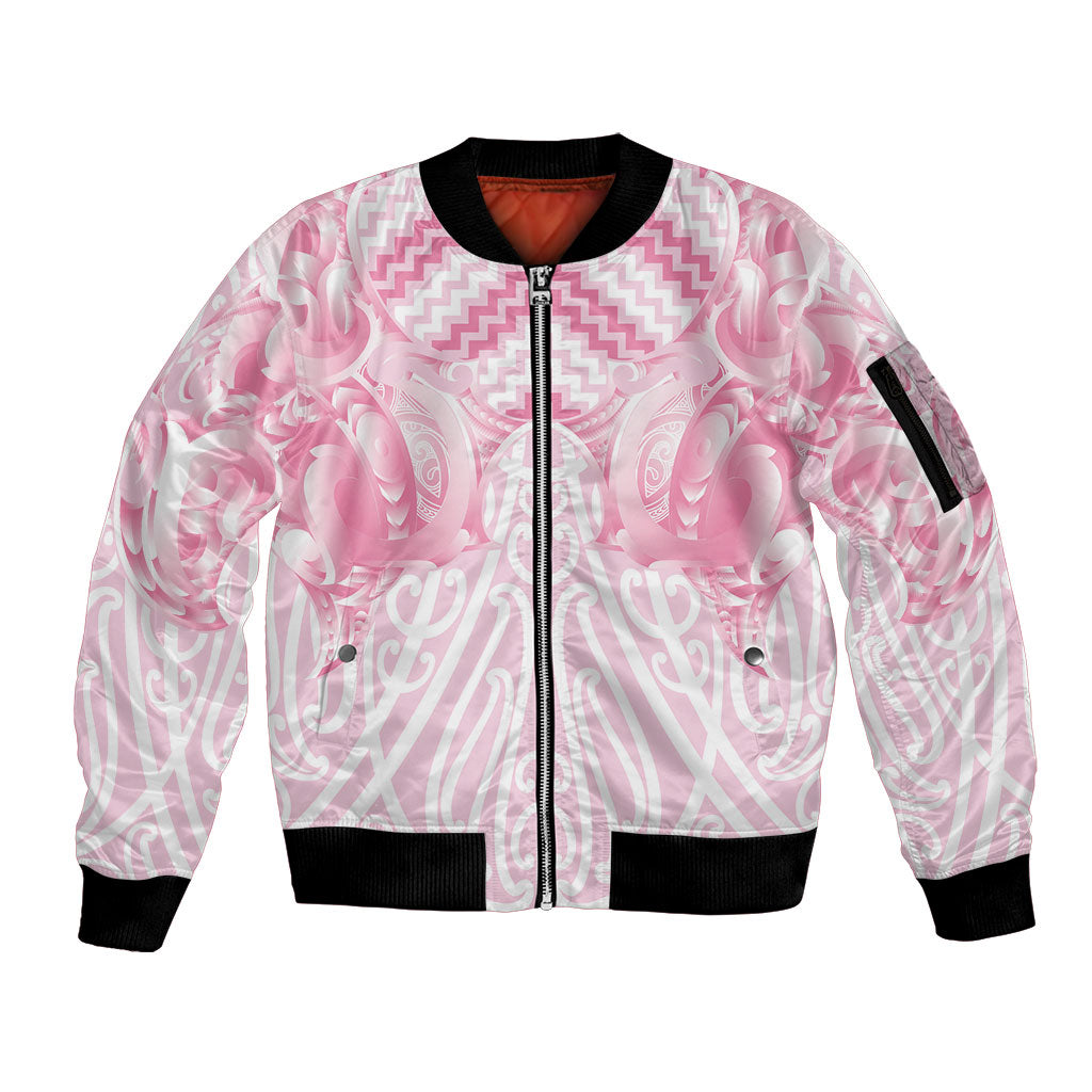 Aotearoa Kowhaiwhai Poutama Pink Motif Sleeve Zip Bomber Jacket LT9 Unisex Pink - Polynesian Pride