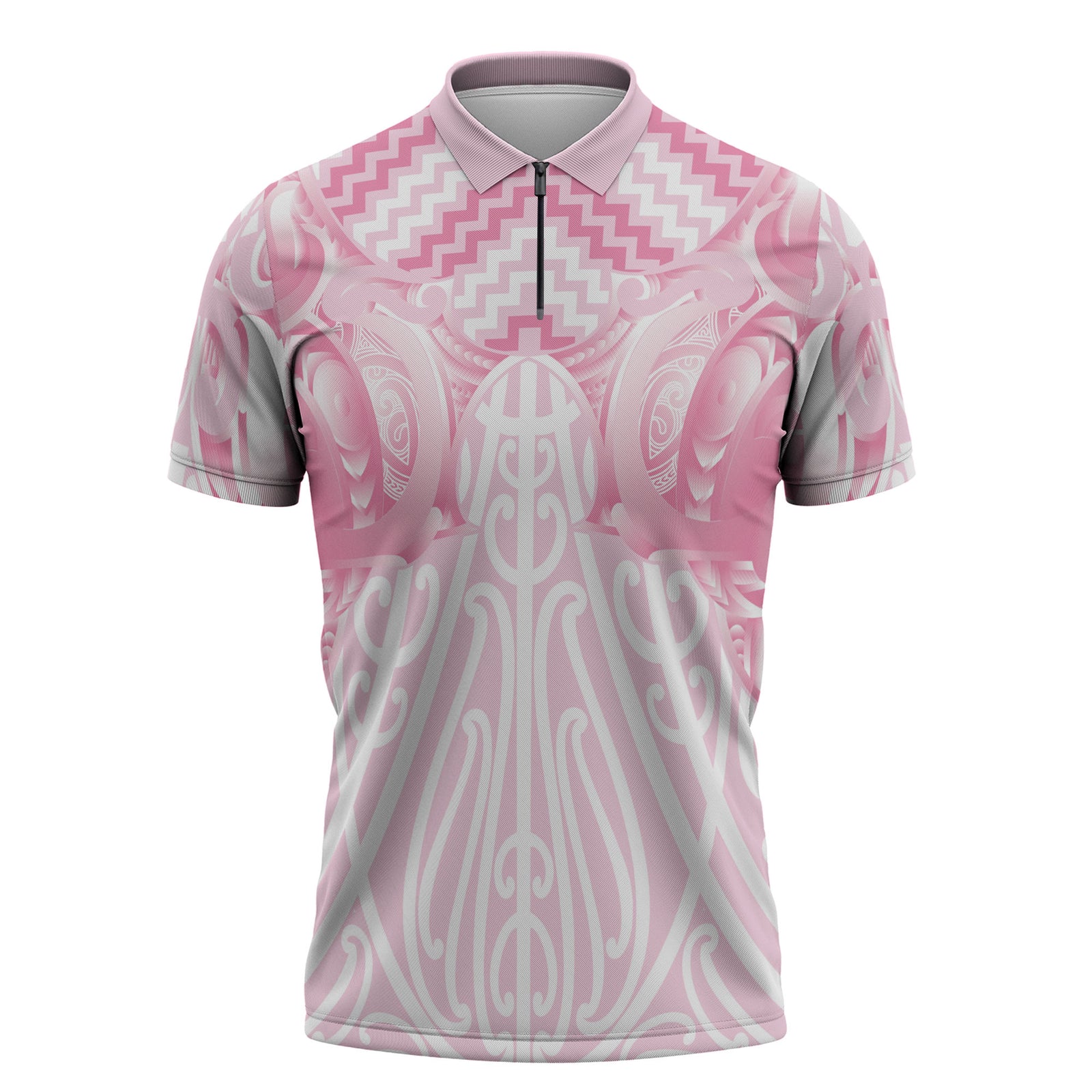 Aotearoa Kowhaiwhai Poutama Pink Motif Zipper Polo Shirt