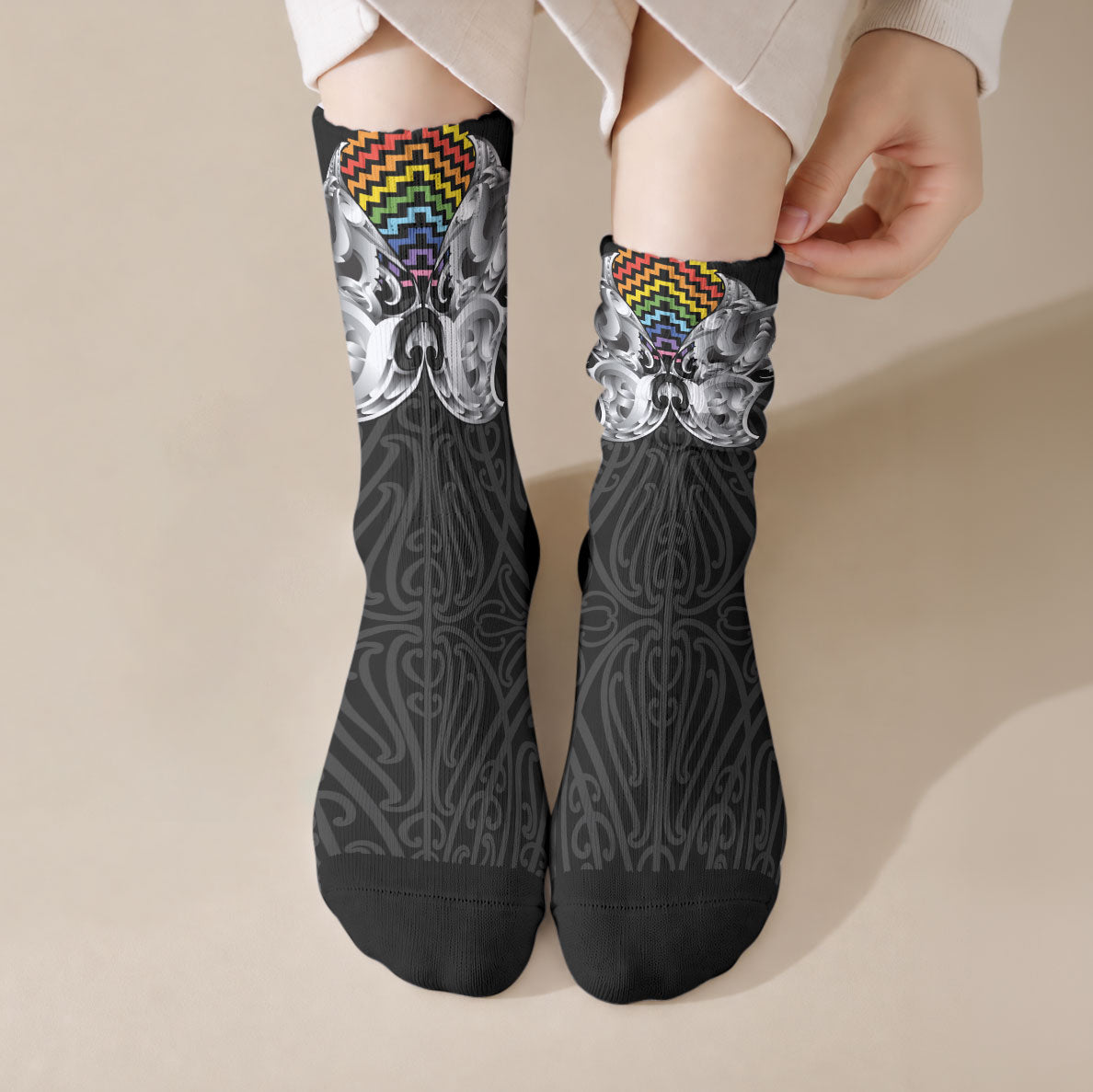 Aotearoa Kowhaiwhai Poutama Rainbow Motif Crew Socks LT9 Crew Socks Rainbow - Polynesian Pride