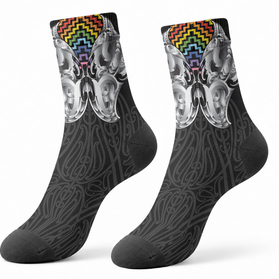 Aotearoa Kowhaiwhai Poutama Rainbow Motif Crew Socks LT9 - Polynesian Pride