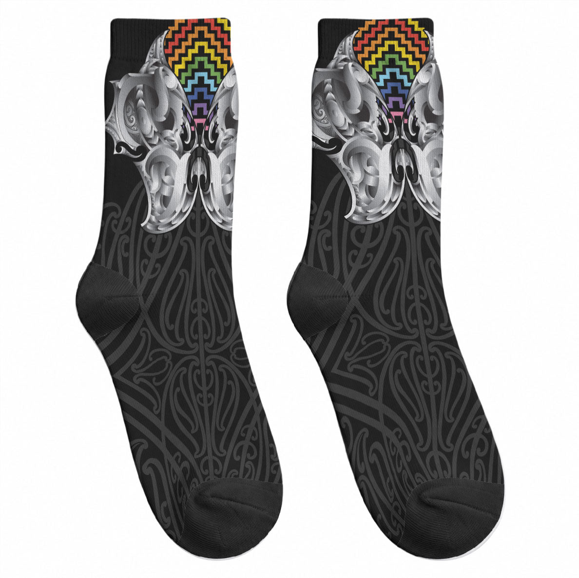 Aotearoa Kowhaiwhai Poutama Rainbow Motif Crew Socks LT9 - Polynesian Pride