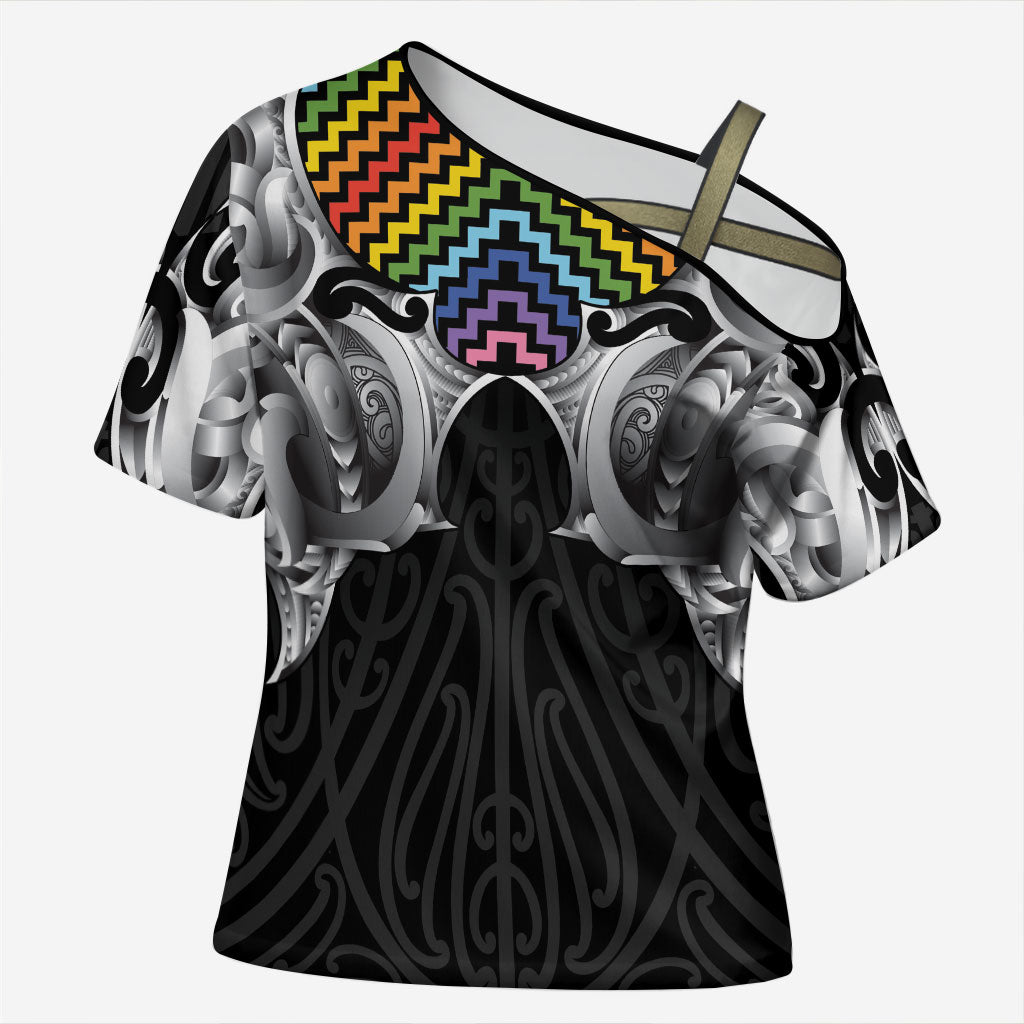 Aotearoa Kowhaiwhai Poutama Rainbow Motif Cross Shoulder Shirt
