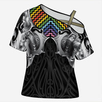 Aotearoa Kowhaiwhai Poutama Rainbow Motif Cross Shoulder Shirt LT9 Female Rainbow - Polynesian Pride