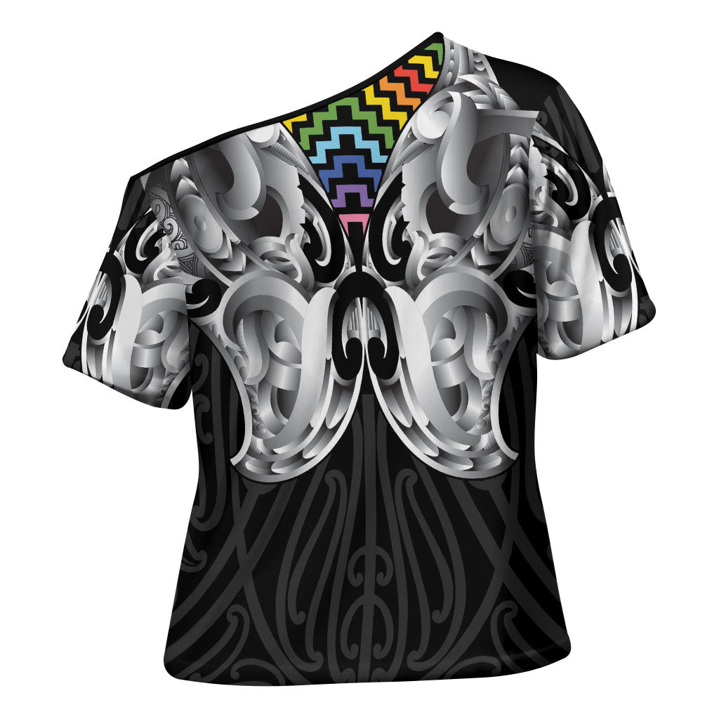 Aotearoa Kowhaiwhai Poutama Rainbow Motif Cross Shoulder Shirt LT9 - Polynesian Pride