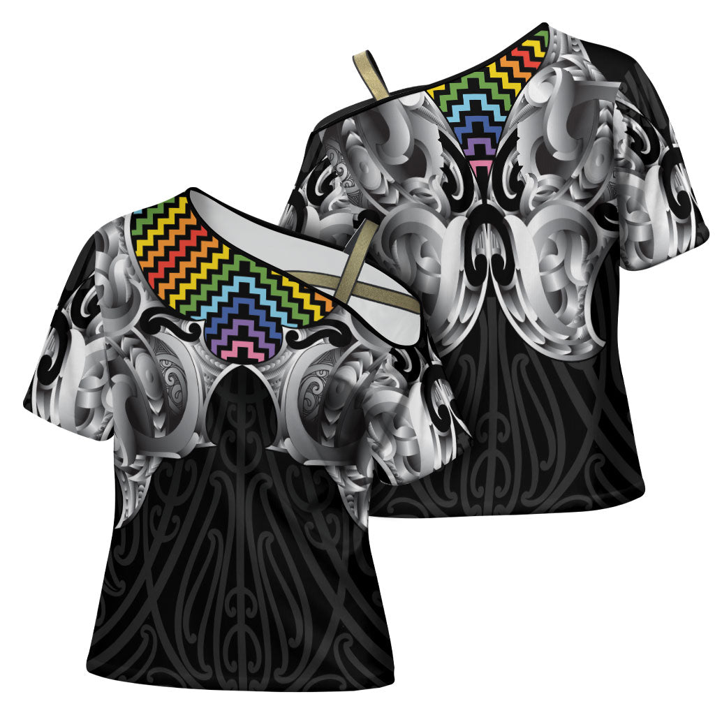 Aotearoa Kowhaiwhai Poutama Rainbow Motif Cross Shoulder Shirt LT9 - Polynesian Pride