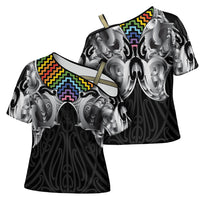 Aotearoa Kowhaiwhai Poutama Rainbow Motif Cross Shoulder Shirt LT9 - Polynesian Pride