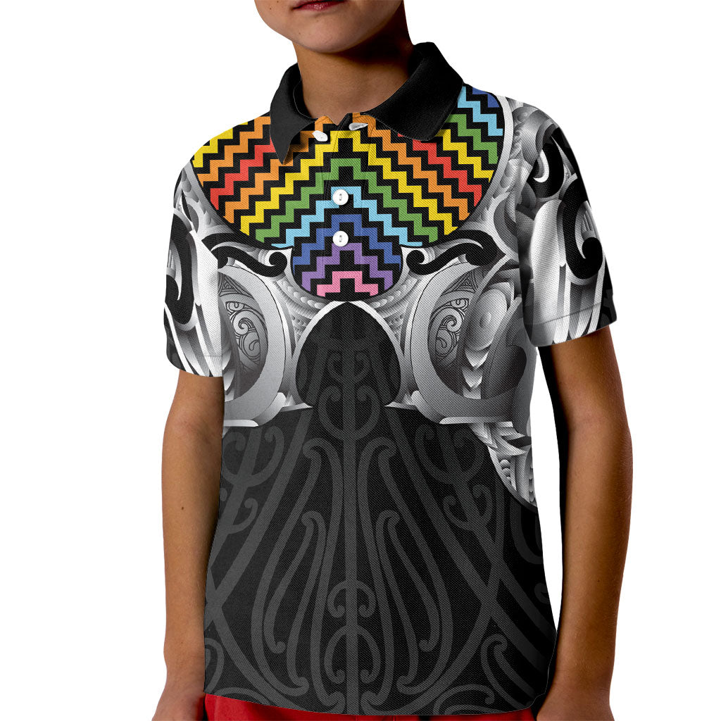 Aotearoa Kowhaiwhai Poutama Rainbow Motif Kid Polo Shirt LT9 Kid Rainbow - Polynesian Pride