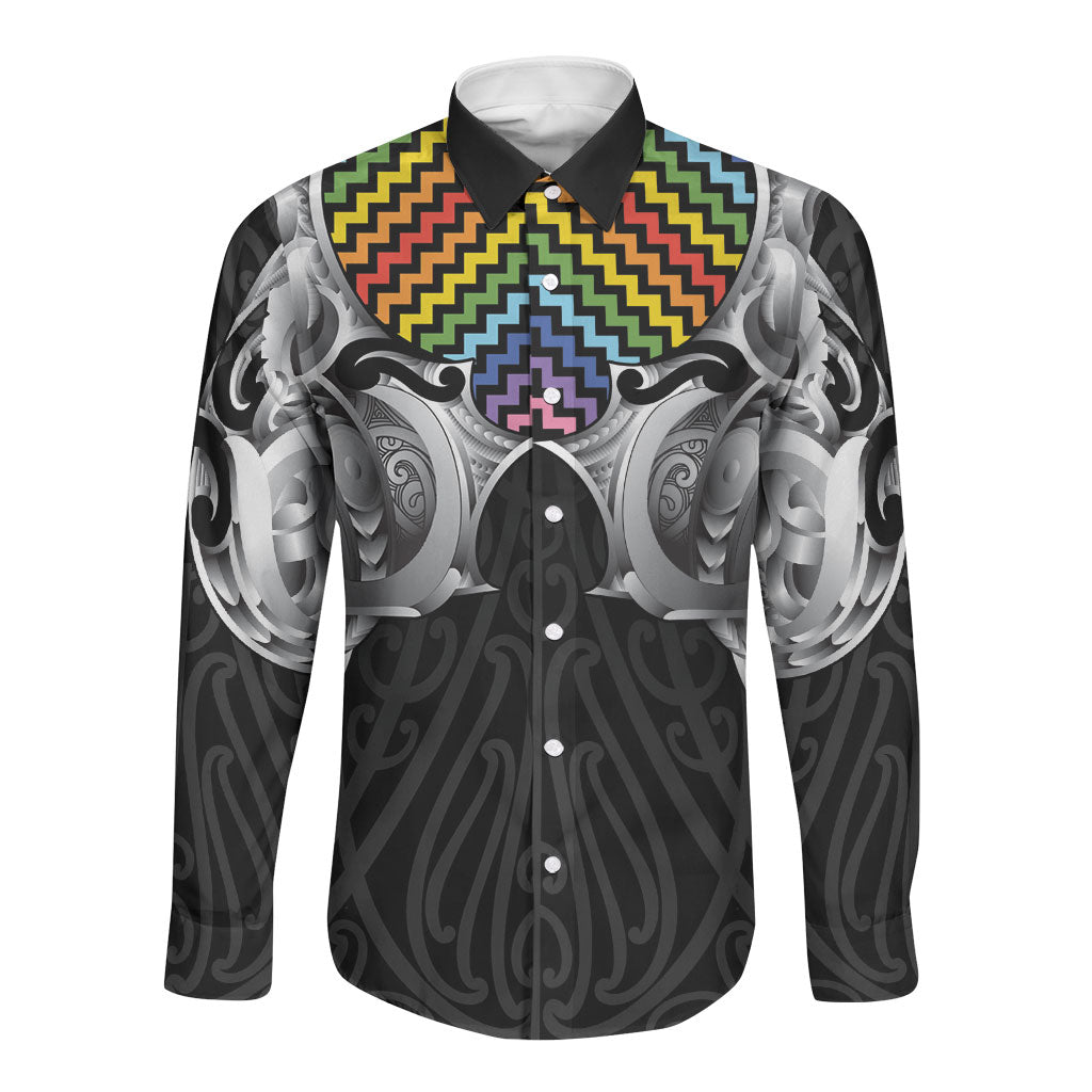 Aotearoa Kowhaiwhai Poutama Rainbow Motif Long Sleeve Button Shirt