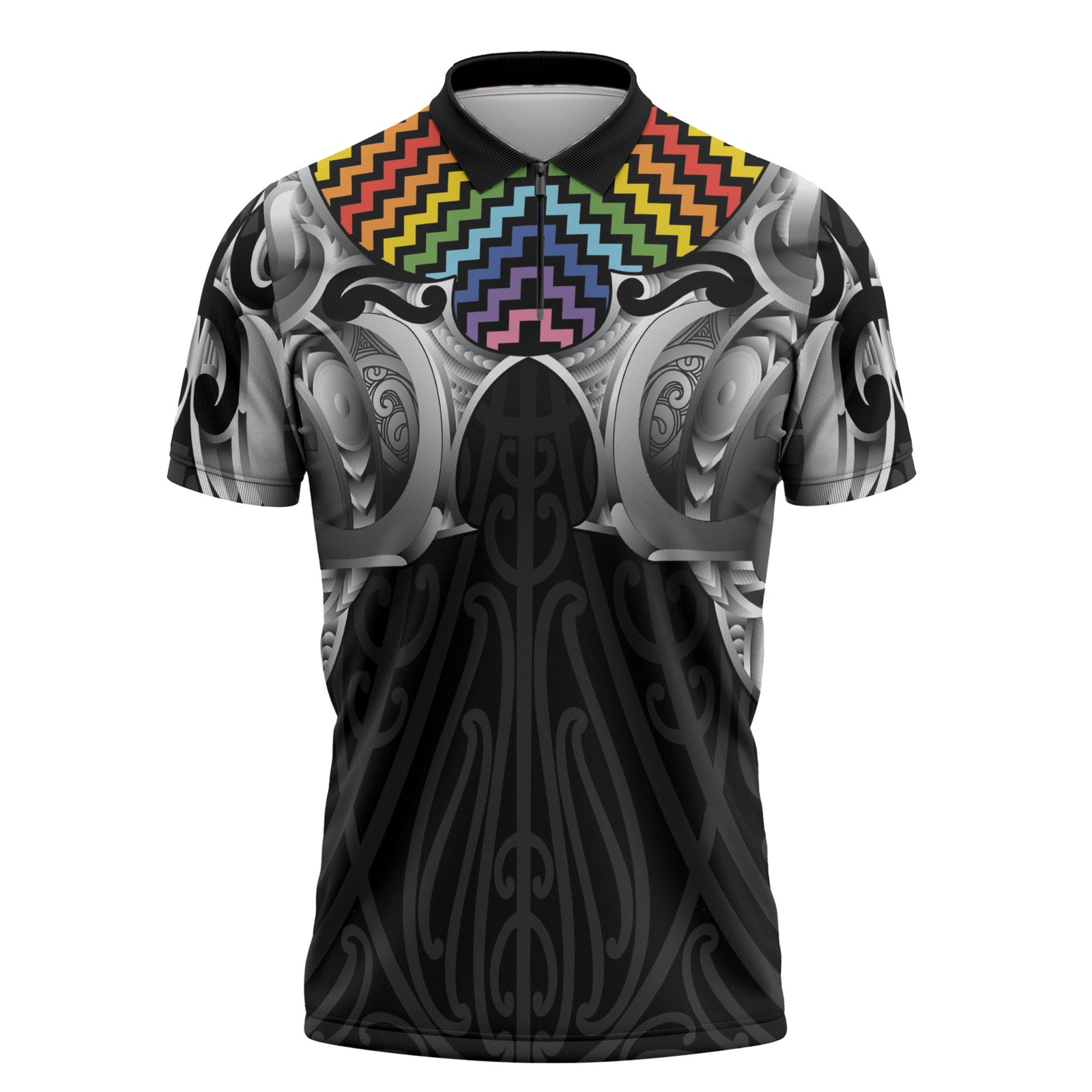 Aotearoa Kowhaiwhai Poutama Rainbow Motif Zipper Polo Shirt