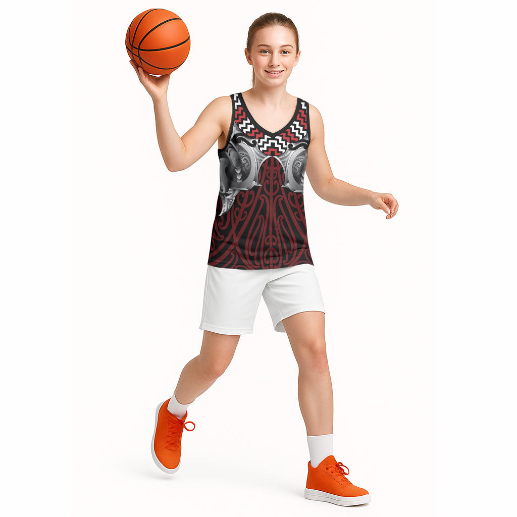 Aotearoa Kowhaiwhai Poutama Red Motif Basketball Jersey LT9 - Polynesian Pride