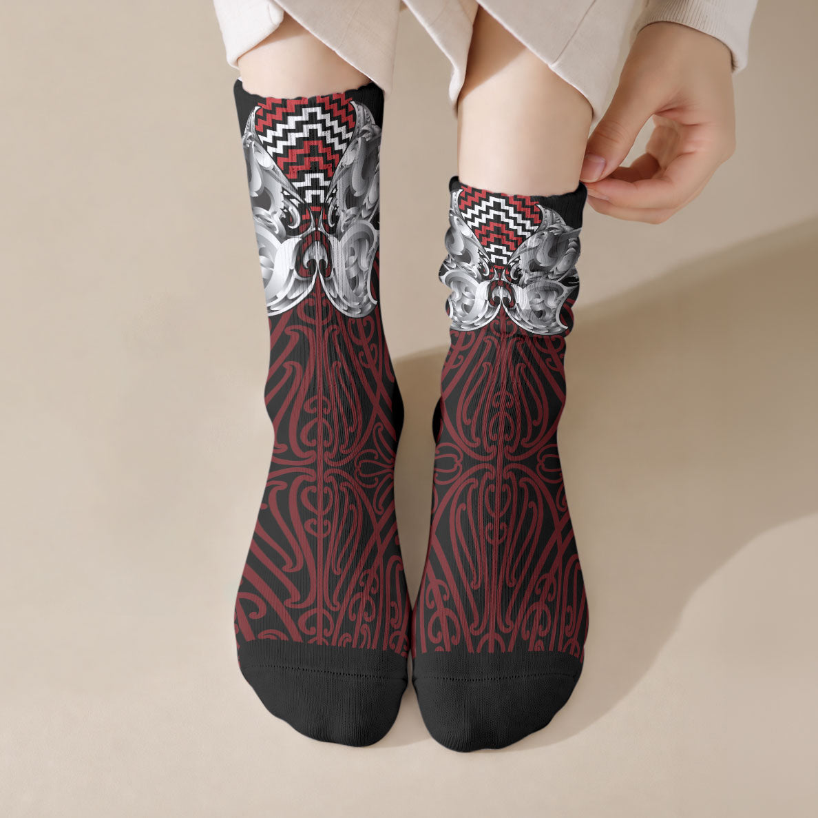 Aotearoa Kowhaiwhai Poutama Red Motif Crew Socks LT9 Crew Socks Red - Polynesian Pride