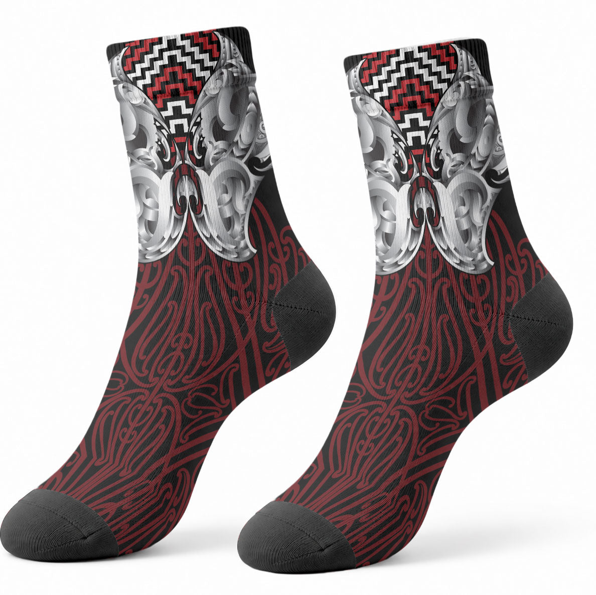 Aotearoa Kowhaiwhai Poutama Red Motif Crew Socks LT9 - Polynesian Pride