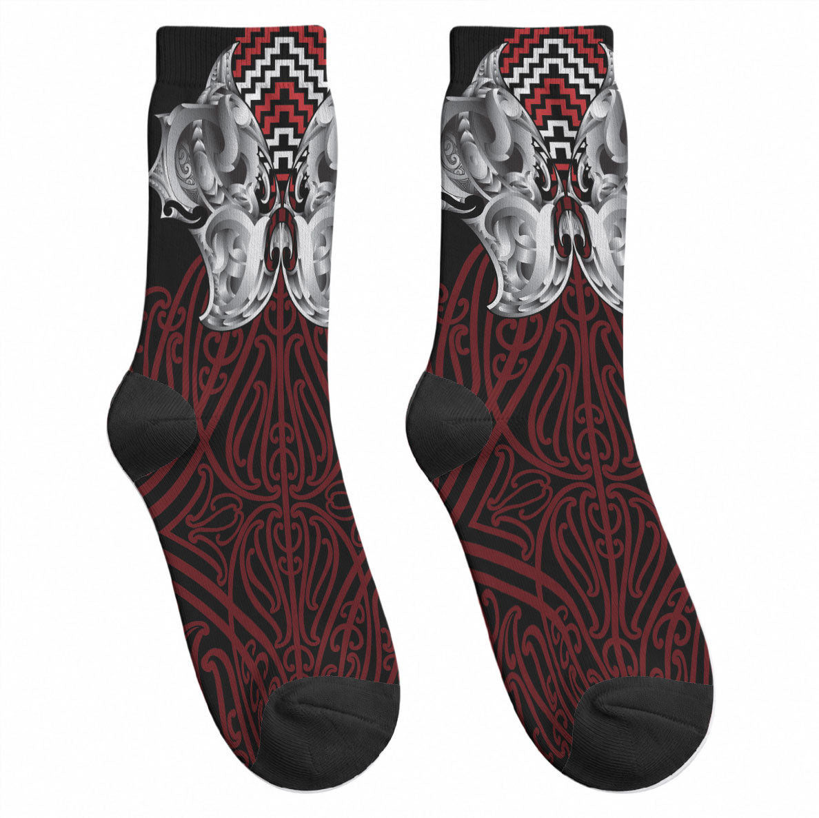 Aotearoa Kowhaiwhai Poutama Red Motif Crew Socks LT9 - Polynesian Pride