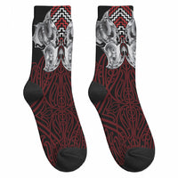 Aotearoa Kowhaiwhai Poutama Red Motif Crew Socks LT9 - Polynesian Pride