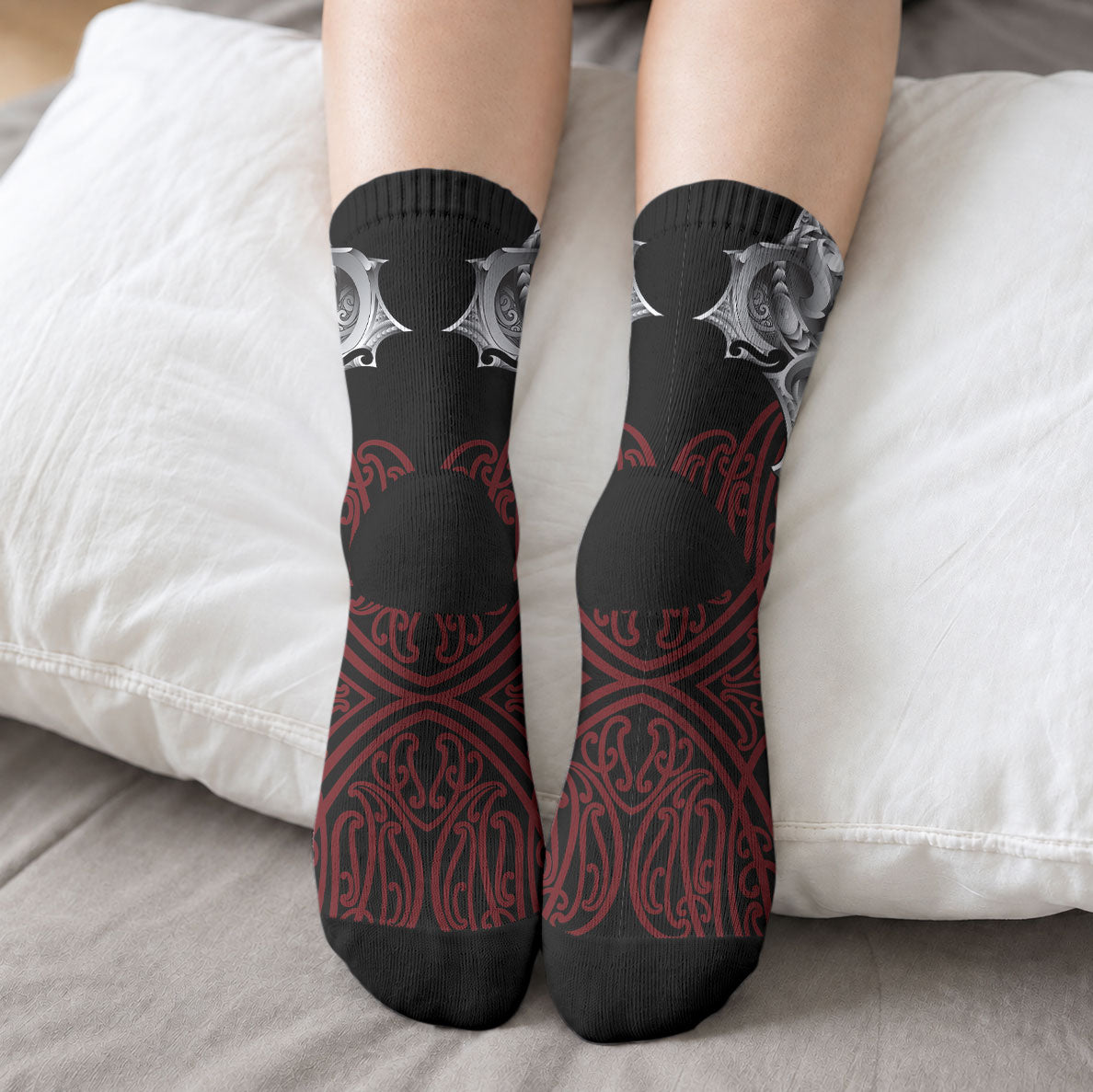 Aotearoa Kowhaiwhai Poutama Red Motif Crew Socks LT9 - Polynesian Pride